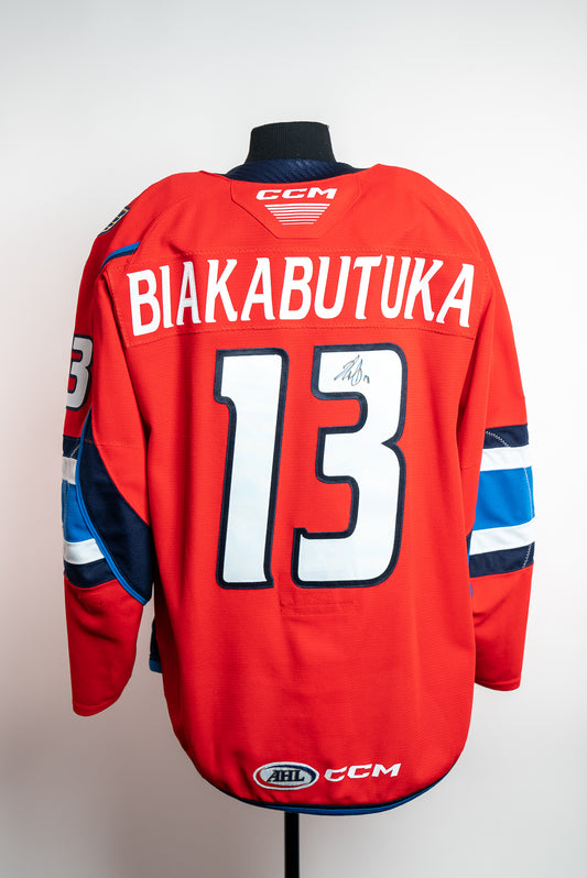 2023-24 Red Jersey - #13 Jeremie Biakabutuka - Game Worn & Signed - Size 58 (Tagged 2022-23)