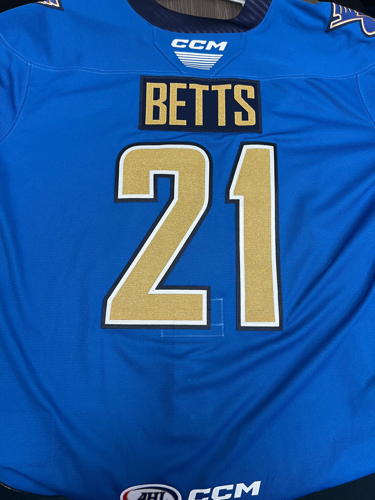 2025-26 Blue Authentic Jersey - #21 Kyle Betts - Game Worn - Size 56 - Set 1/1