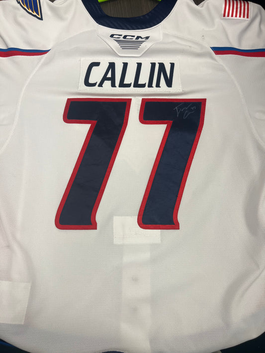 2022-23 White Authentic Jersey - #77 Drew Callin - Game Worn & Signed - Size 56 - Set 1