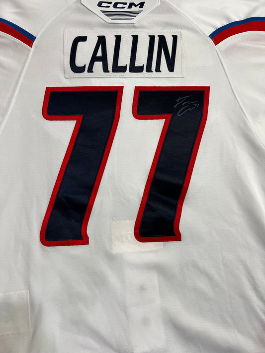 2024-25 White Jersey - #77 Drew Callin - Game Worn & Signed - Size 56 - Set 1/2